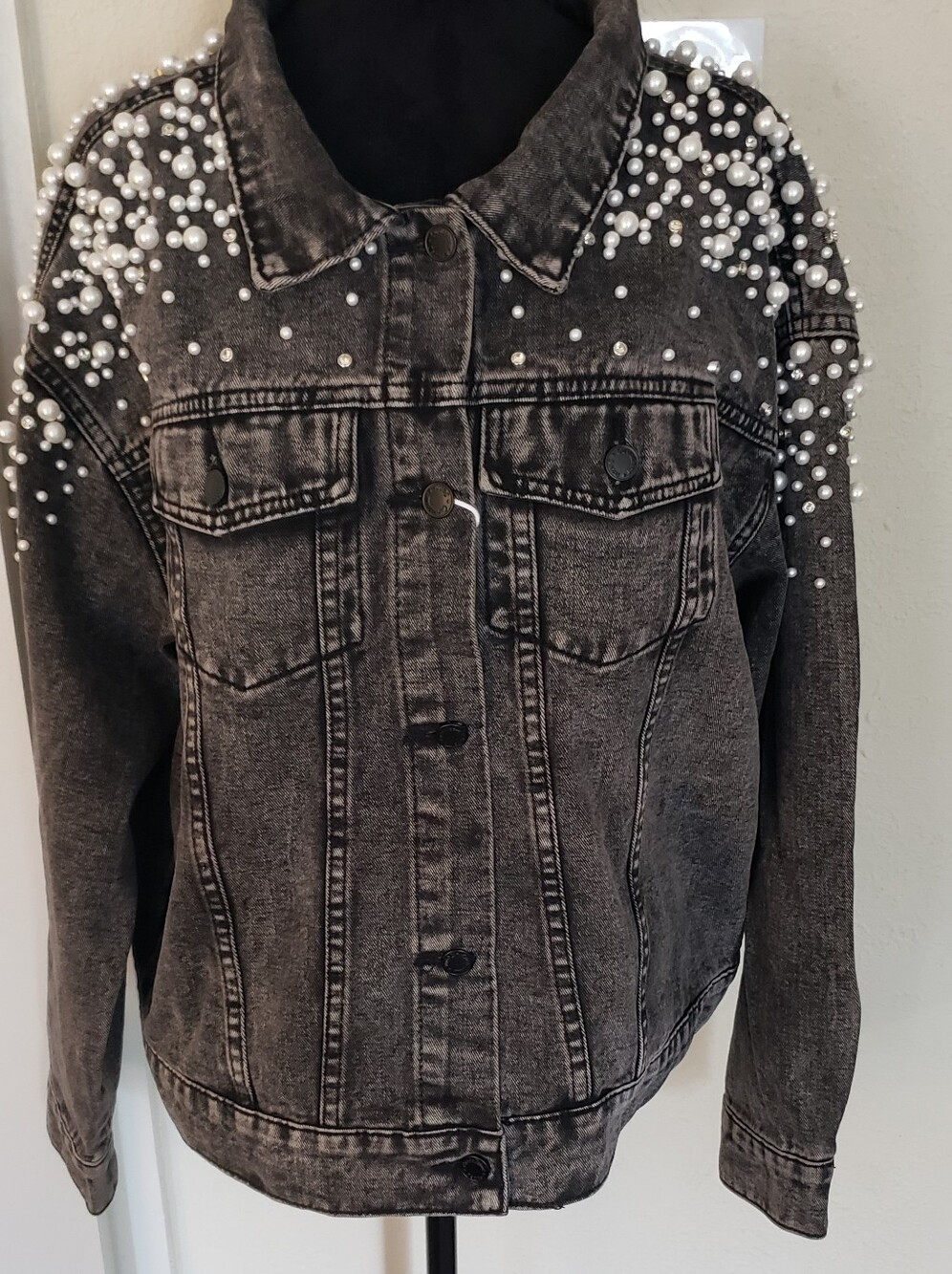 Women's Washed Black Pearl-Embellished Denim Jacket